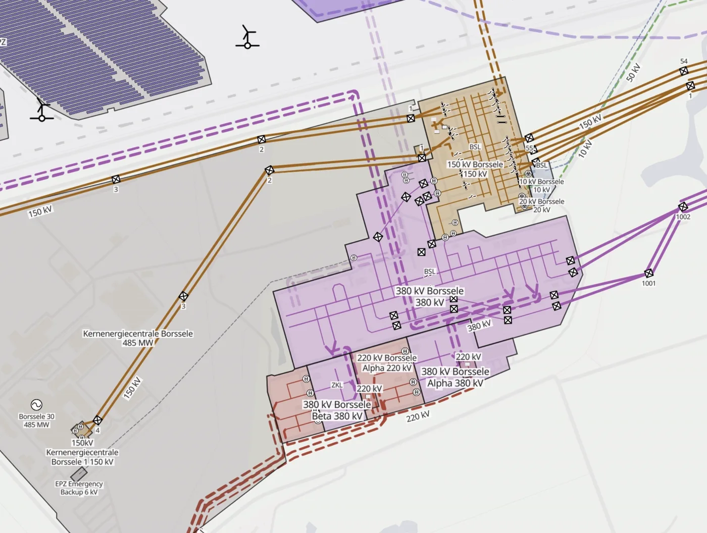 Detailed substation topology at Borssele: 380, 220, 150 kV substations, nuclear plant and solar park