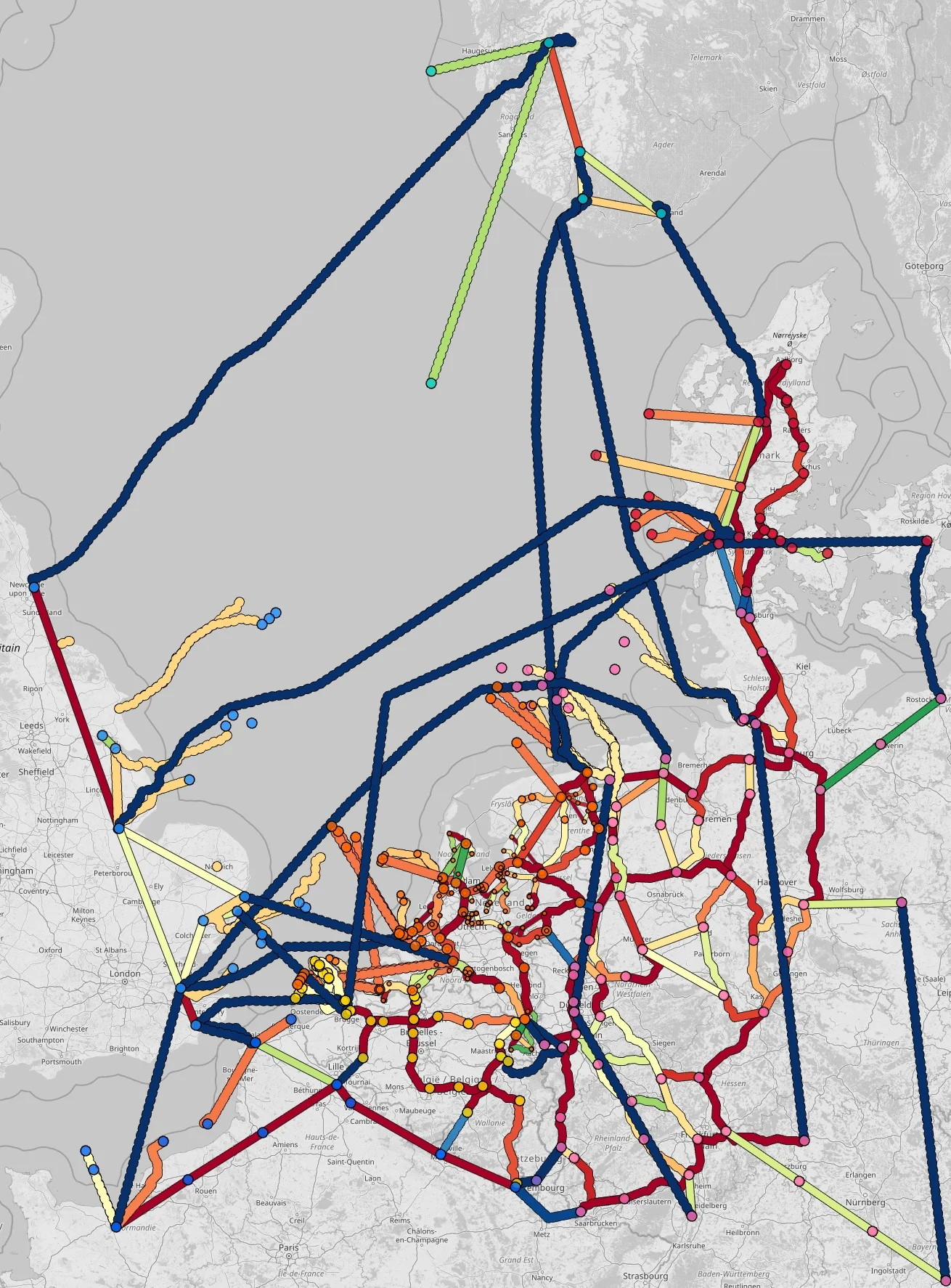 BirdFlow network map of North-West Europe: the Dutch grid in full detail, the grids of Belgium, Germany, Denmark, Norway, Great Britain and France around it, and the HVDC interconnectors across the North Sea