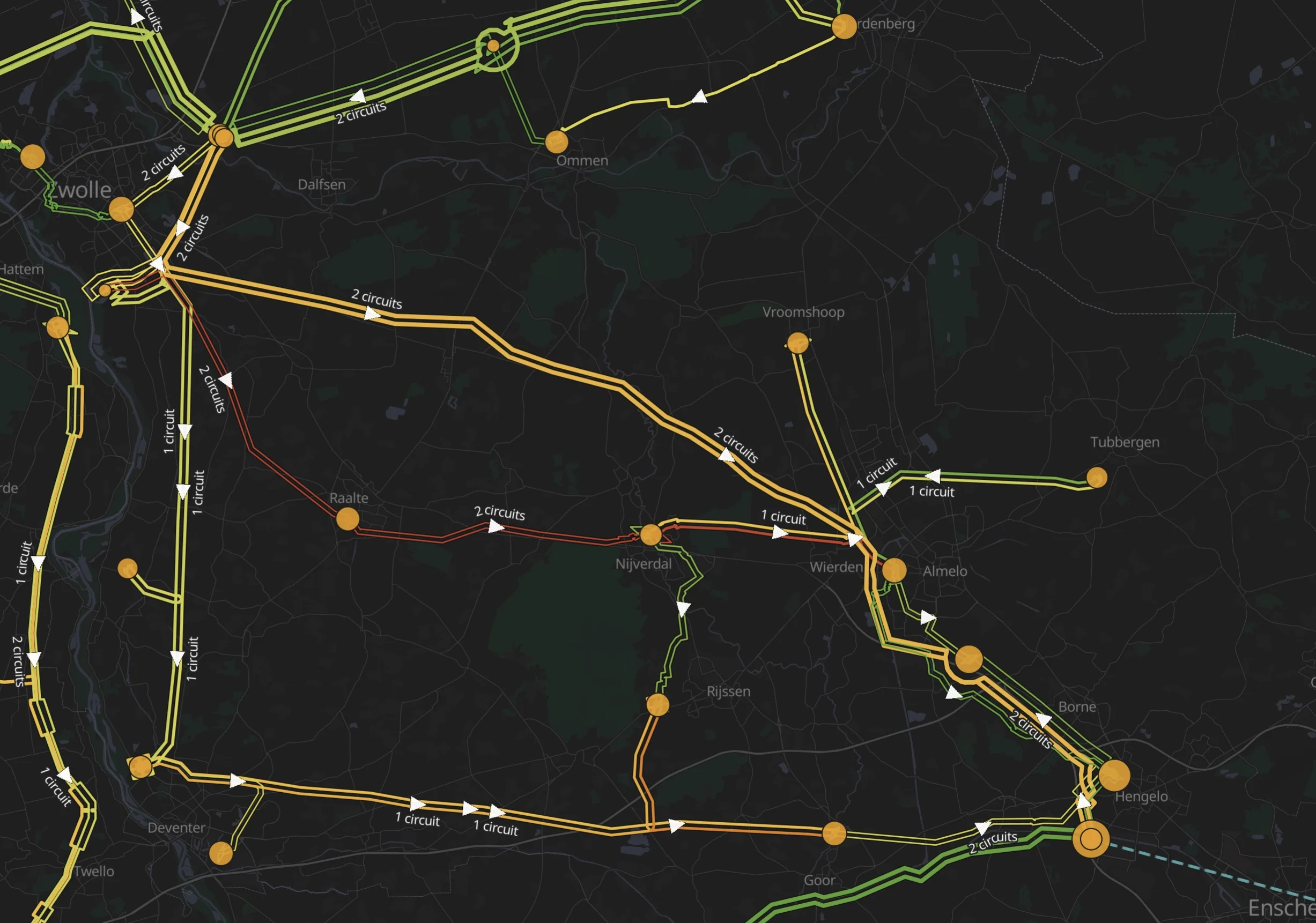BirdFlow web interface zoomed in on the region between Zwolle, Almelo and Hengelo: loading per circuit with flow direction arrows