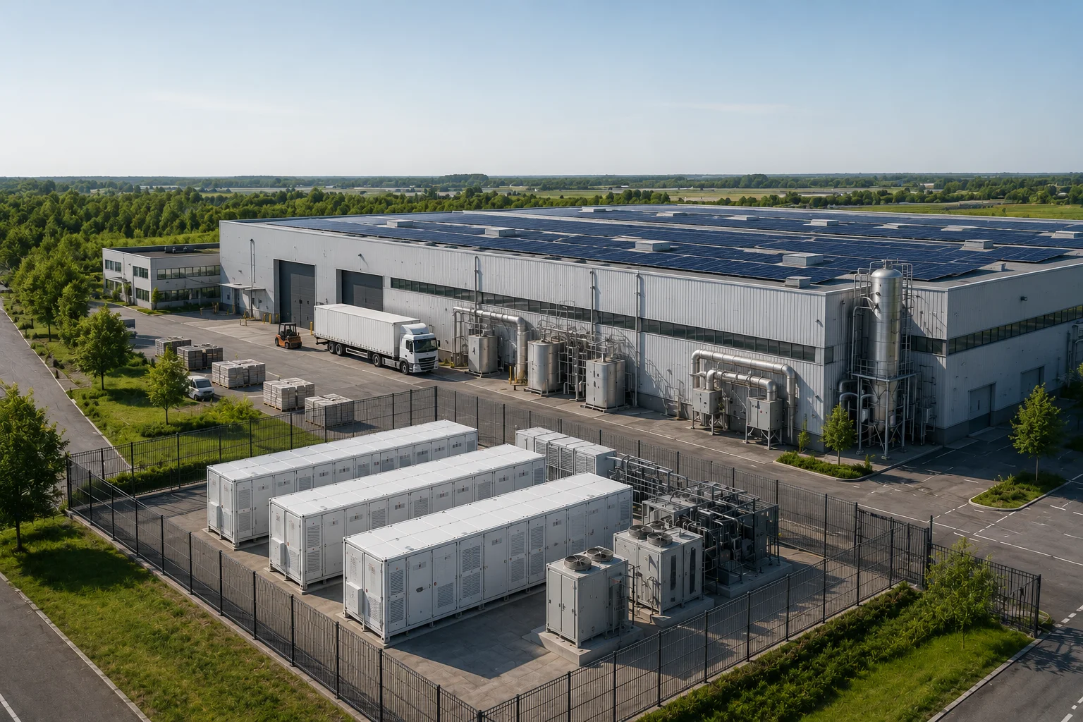 Industry BESS Behind-the-meter: industrial energy complex with co-located battery storage in the sun